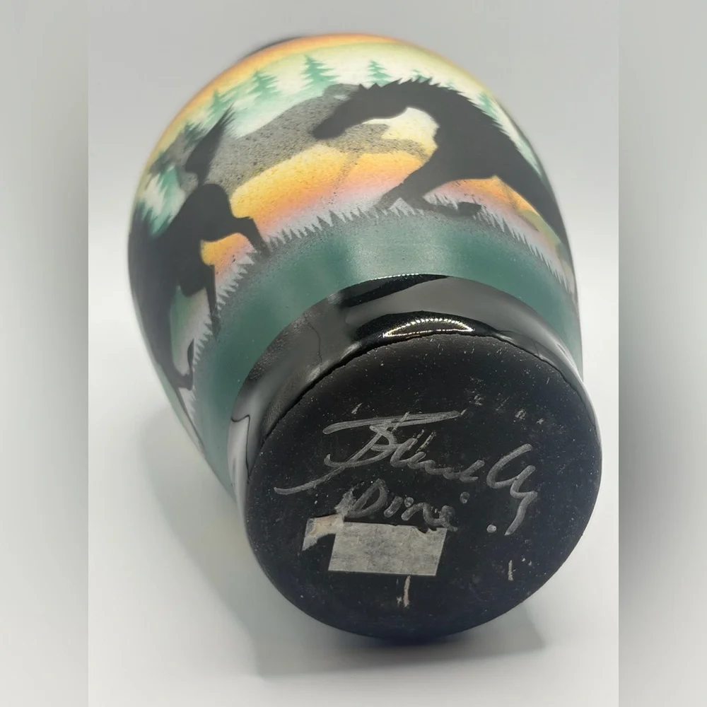 Benally Dine Signed Cedar Mesa Native American Made Pottery Wild Horses Vase